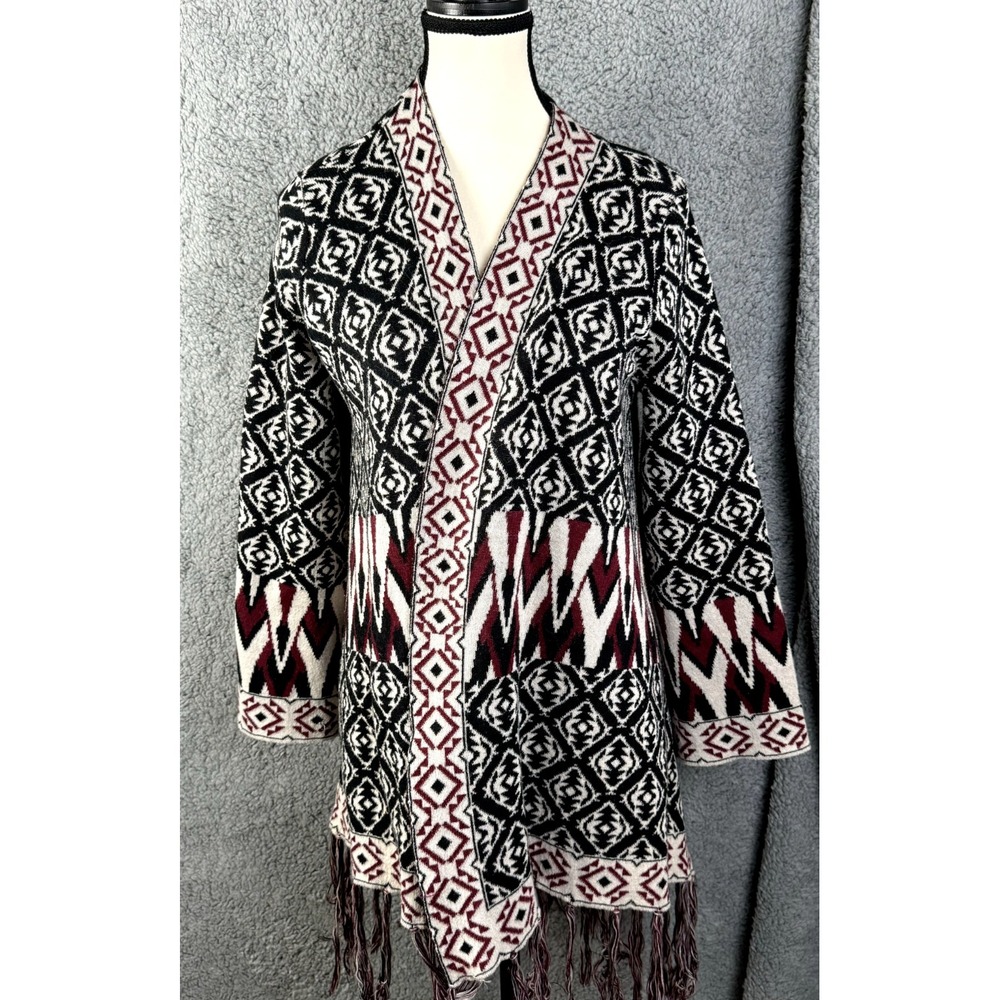 Chelsea‎ & Violet Cardigan Sweater Womens Medium Black Aztec Fringe Cowgirlcore